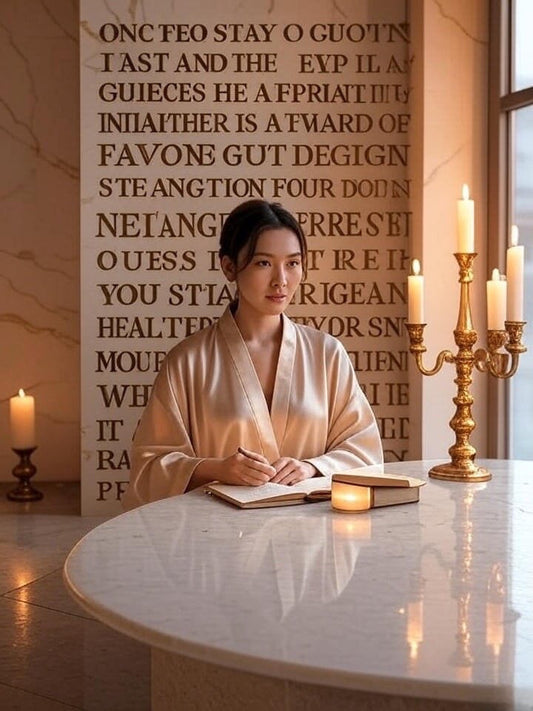 Confident woman enjoying a self-care moment, wrapped in elegance with candles and soft luxury lighting.